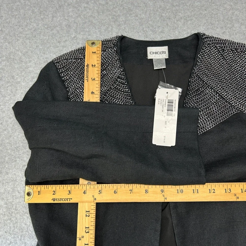 Chicos Chained Galloway 3/4 Jacket Black Linen Blend Silver Chain Size 0 / S NWT